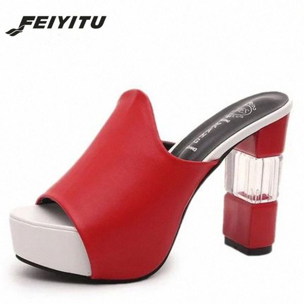 FeiYiTu Sexy Lady Open Toe Pumps Piattaforma donna Pantofole tacco alto Moda Donna Casual Slides Bianco Nero O8TM #