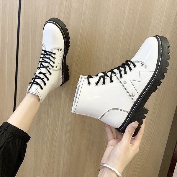 

2021 new fashionable women's wild girly cool british style spring thick autumn lace up retro round head short boots 0dpe, Black