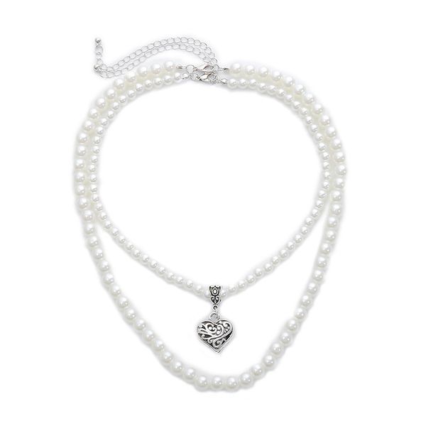 

10sets/lot ethnic style heart beaded necklaces multi layer imitation pearl chokers european women alloy sweater clavicle chain jewelry, Silver