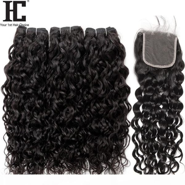

brazilian virgin hair water wave bundles with closure 4 pcs lot brazilian hair weave wet and wavy human hair 3 bundles with lace closure, Black