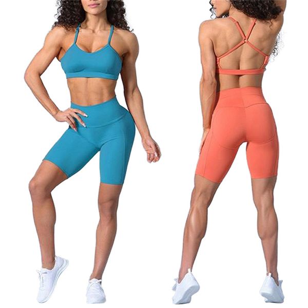 

yoga outfits 2 pcs/set women seamless sets fitness sports suits gym clothes breathable bra female running leggings workout set short+top, White;red