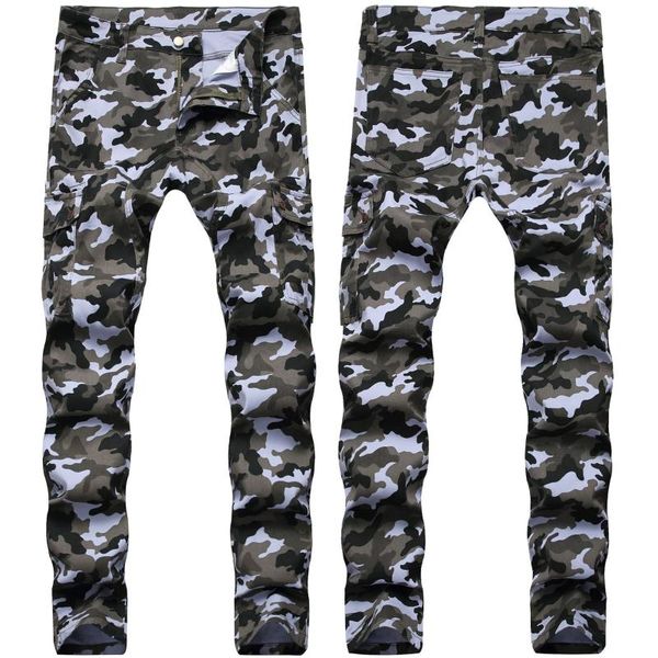 

men's jeans 2021 camouflage workwear multi-pocket stretch casual, Blue