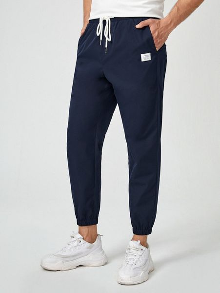 

men patched drawstring waist pants t0sa#, Black