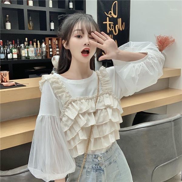 

blusas mujer de moda two-piece set sweet summer long sleeve shirts womens clothing fashion brand ruffles ladies chiffon new1, White