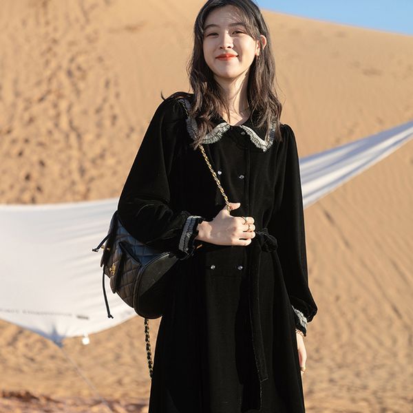 

2021 new velvet doll collar black elegant slim women long sleeve blazer winter one-piece lady casual party midi dress gvd7, Black;gray