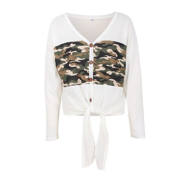 

new 2020 women camouflage stitching v collar cardigan the bottom can tie a knot band commuting sweater coat, Black;brown