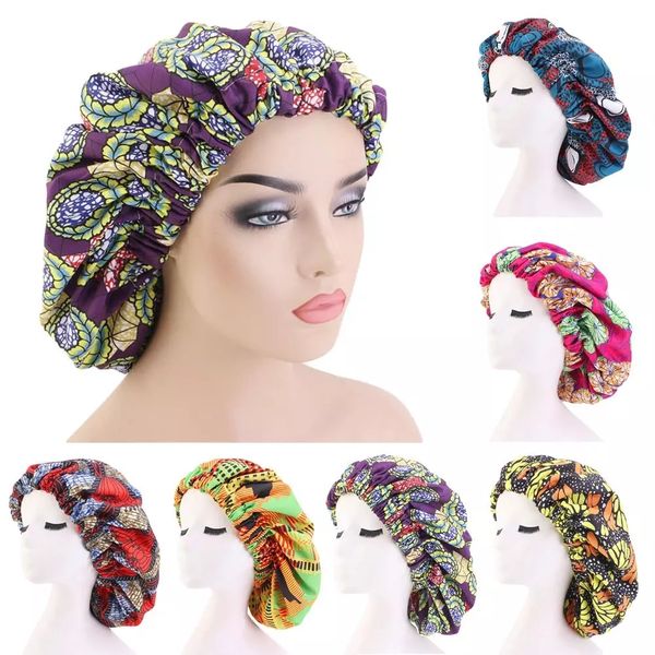 

women's floral printed night sleep cap hair care bonnet hat head cover turban wide band satin lining beanies skullies hair loss, Blue;gray