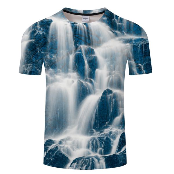 

summer leisure man t shirt, white waterfall landscape pattern print men and women short sleeve t shirt, White;black