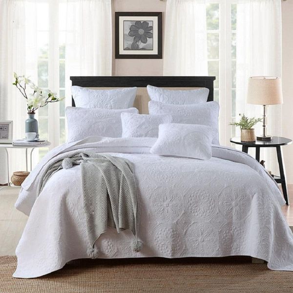 

chausub solid white quilt sets 3pcs cotton quilts embroidered bedspreads bed cover sheets with 2*shams king queen size coverlets