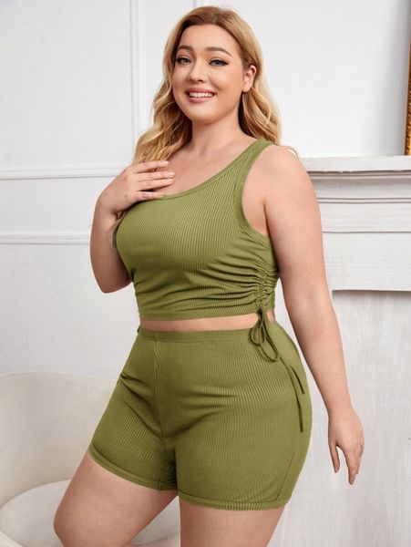 

plus drawstring side ribbed pj set l77l#, Black;white