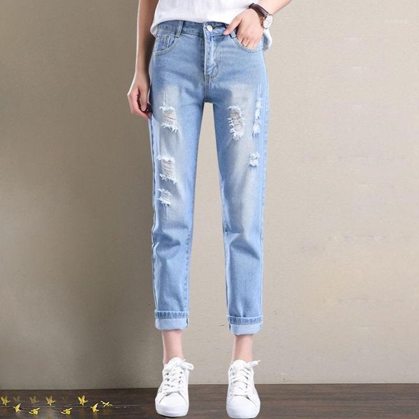 

ladies boyfriend ripped jeans for women high waisted jeans blue casual pencil trousers korean streetwear denim pants p0211