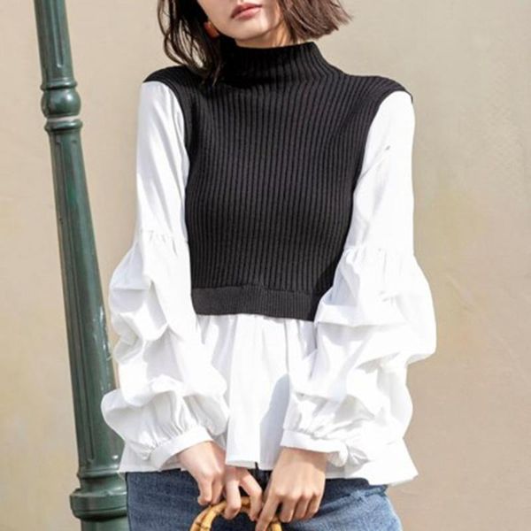 

women turtleneck sweater korean style fashion knitted patchwork shirt sleeve elegant office ladies pull knitwear fake two, White;black