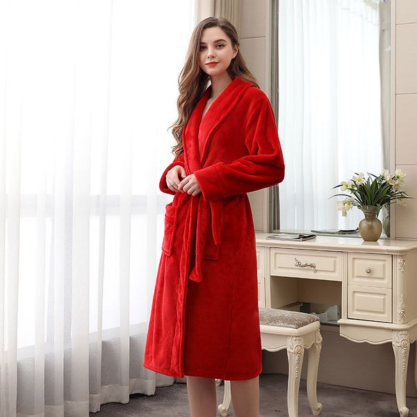 

2021 new women's autumn winter midi nightgowns flannel kimono solid female bathrobe v neck long sleeve with sashes nightwear nb8u, Black;red
