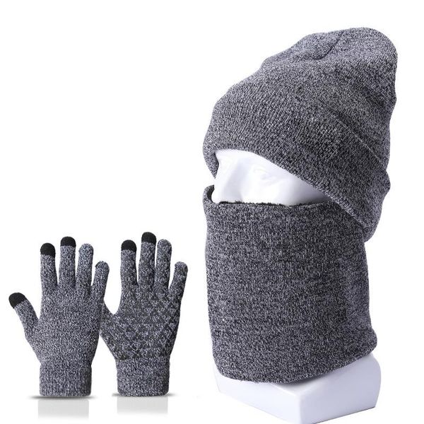 

warm knit cap for men and women bib gloves for winter lovers double layer with velvet and thick fashion anorak three-piece set, Blue;gray