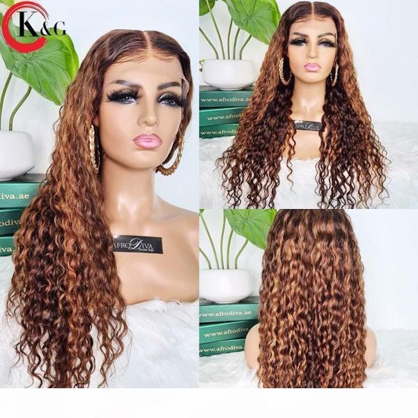 

kungang highlight t-part lace front human hair wigs curly 150% density lace wigs with baby hair brazilian middle ratio non-remy, Black;brown