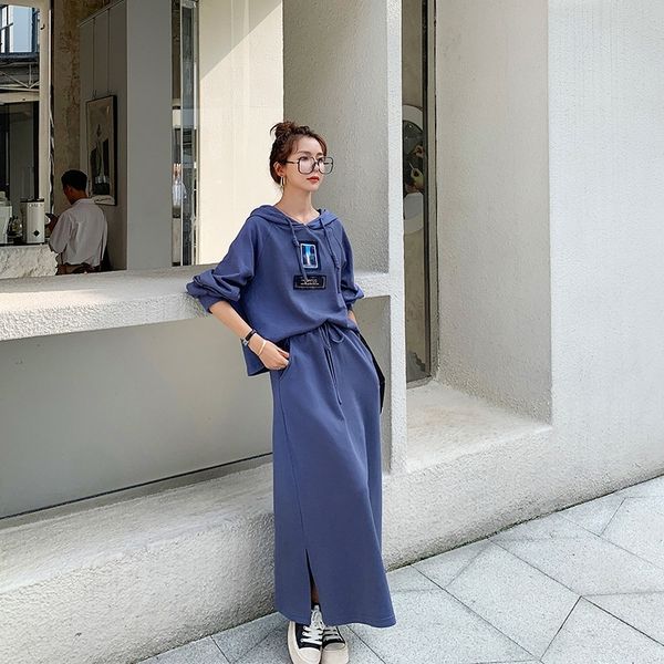 

sinfg autumn sweater sweatersuit skirt hooded sweater new loose korean style women's 2020 fashion aging skirt two-piece suit r style r7, Gray