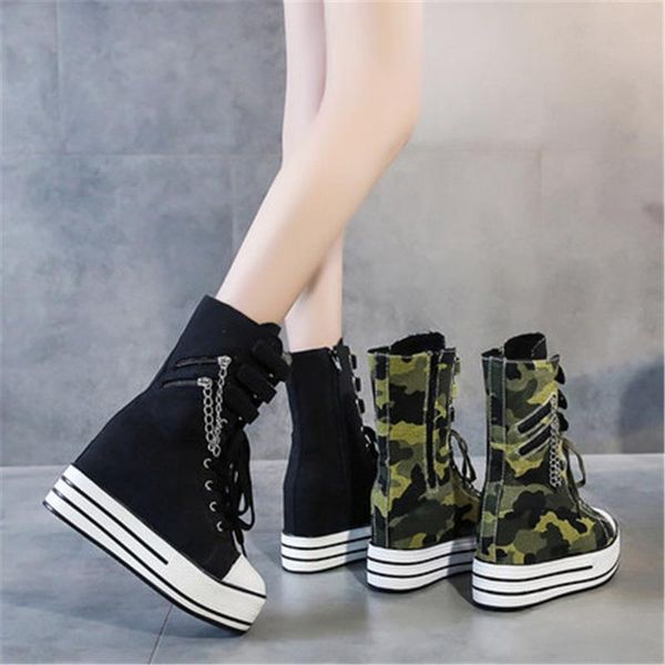 

женщины cowboy camouflage мода клинья кроссовки платформа женская леди середина тельфа сапоги высота увеличение панк цепочка джинсовая обувь, Black
