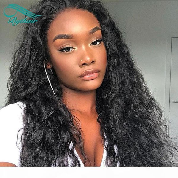 

bythair волна воды 360 lace фронтальная парики фронта шнурка человеческих волос парики pre сорванные с ребенком волос remy бразильский парик, Black