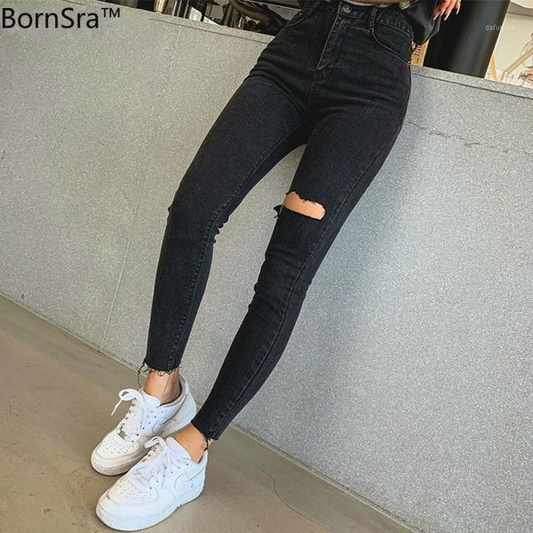 

bornsra 2019 high waist tassel ripped holes denim pants female trousers pencil jeans women skinny pants black jeans1, Blue