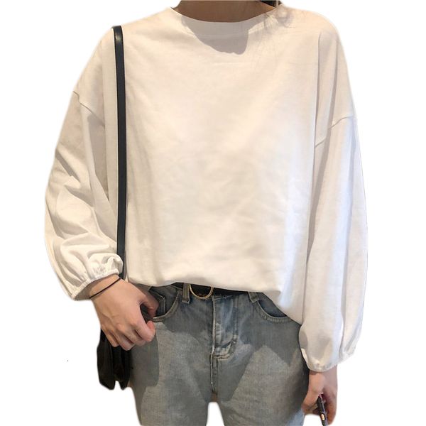 

lantern sleeve t-shirt loose ladies small fresh autumn o-neck style hong kong casual solid color full regular, White