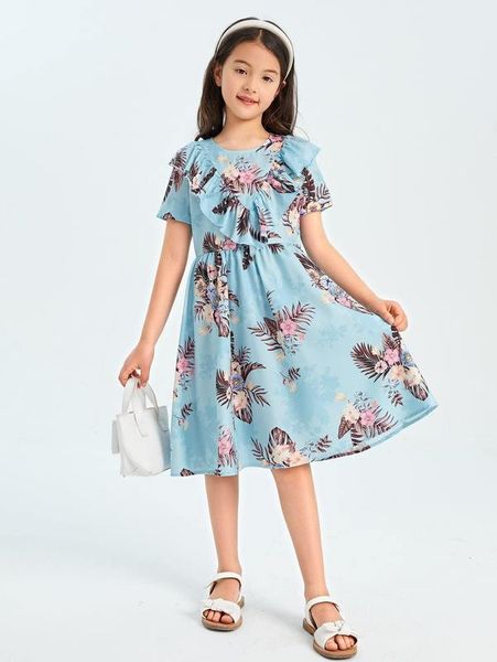 

girls tropical print ruffle trim dress she, Red;yellow