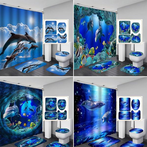 

3d ocean design dolphin waterproof fabric bathroom curtain shower curtains set anti-skid rugs toilet lid cover wmtftd
