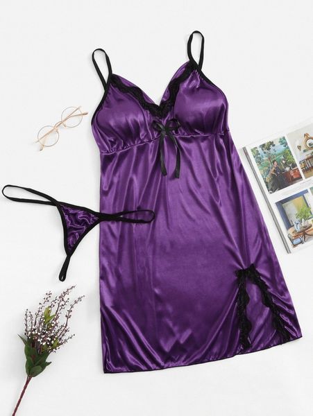 

plus lace trim satin slips with thong r47j#, Black;white