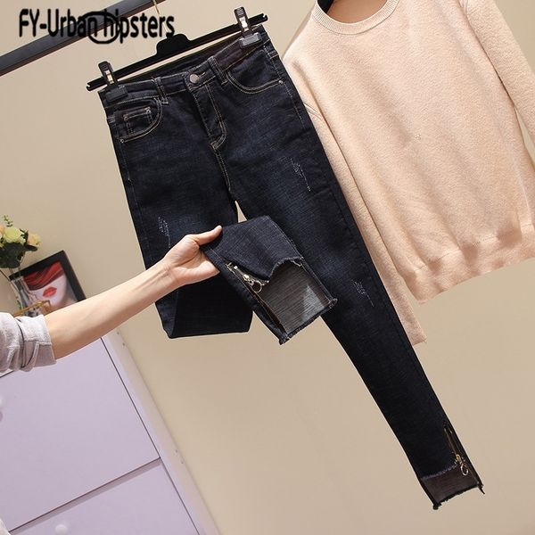 

women spring or autumn high waist elastic slim zipper decoration leg opening irregular pencil long pants jeans ripped women 201030, Blue