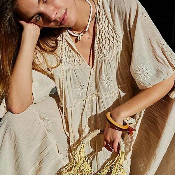 

inspired women's embroidery v-neck cotton boho tiered long summer casual loose fit dress for women y200805, Black;pink