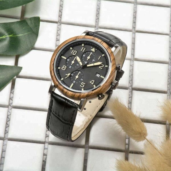 

metal multifunctional six wood pin men's watch quartz sandalwood watcheuae, Slivery;brown