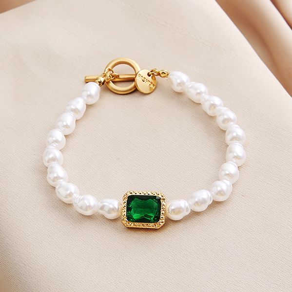 

new pearl bracelet creative retro fashion simple temperament inlaid green gem bracelet, Black