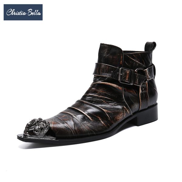 

boots christia bella genuine leather cowboy zipper ankle british style handmade men buckle metal toe short, Black