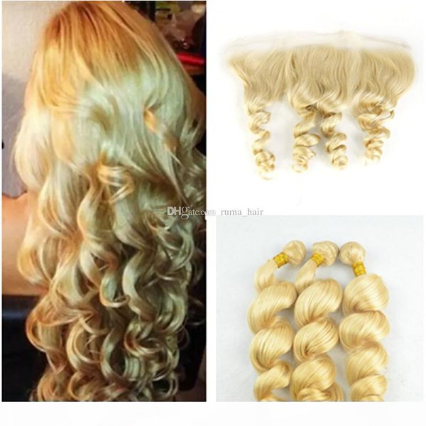 

3 bundles with 13x4 ear to ear full lace frontal closure 4pcs lot #613 shiny blonde loose wave curly virgin human hair weave, Black;brown