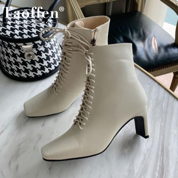 

taoffen size 35-42 women ankle boots fashion high heel cross strap winter shoes women zipper office ladies street footwear 1026, Black