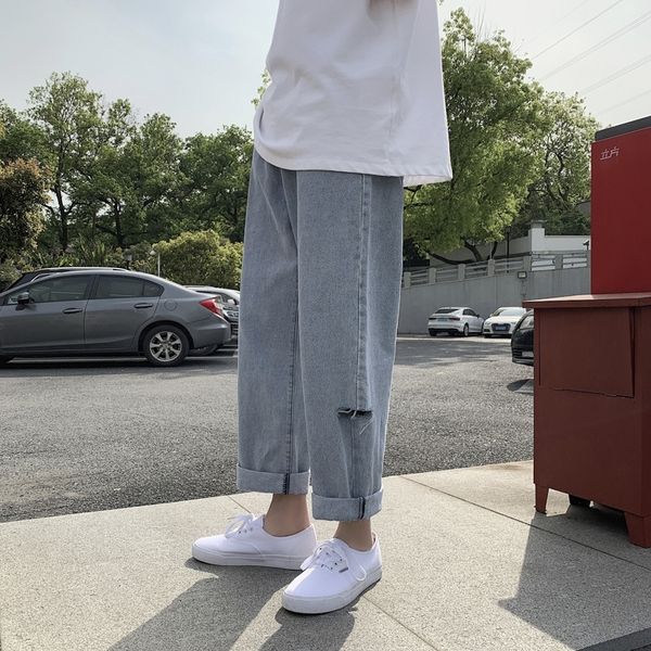 

wpwfz summer fashion men's casual pants ripped straight jeansins thin wide leg jeansjeans jeans brand loose korean style teenager and c, Blue
