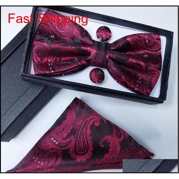 

100% silk men bowtie pocket square bow tie and handkerchief set hanky with cufflink tie box set nvtdy, Black;gray