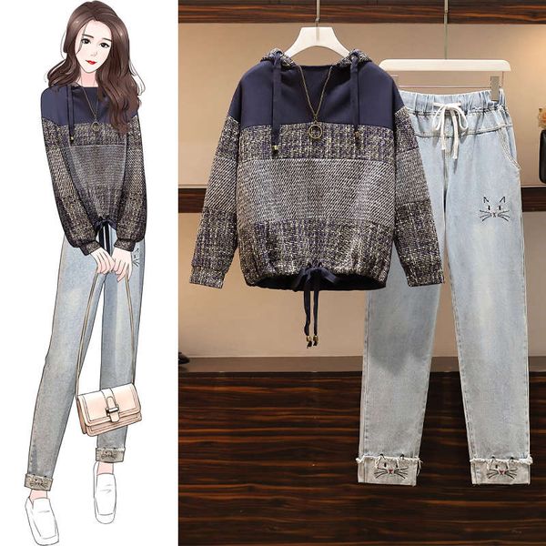 

fat sister's foreign style, younger age thinner: winter and autumn 2020 sweater jeans suit large women's new two piece set, Black