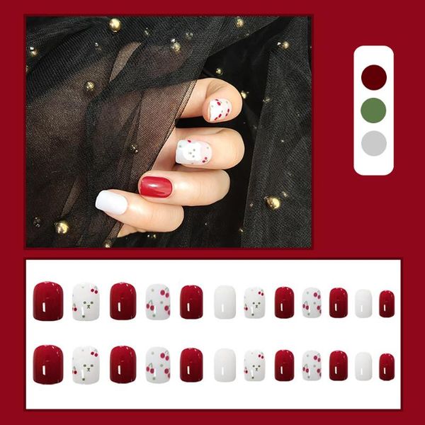 

false nails 24pcs/box fake full cover detachable cherry gold leaf artificial press on nail manicure accessories, Red;gold