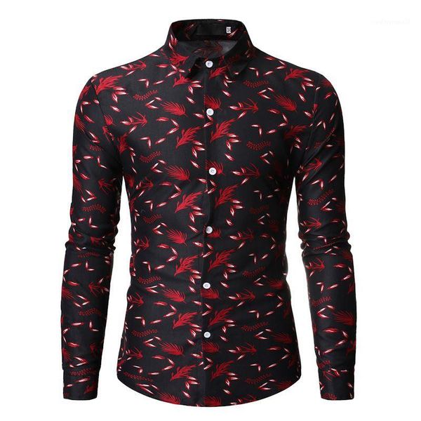 

men's casual shirts leaves print shirt men 2021 autumn long sleeve party mens button down dress for holiday camisas xxxl1, White;black