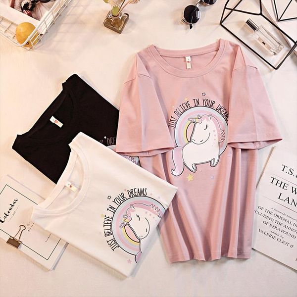 

t shirts for women summer 95% cotton t shirts unicorn print cartoon female casual tees ladies loose t shirt 2021, White
