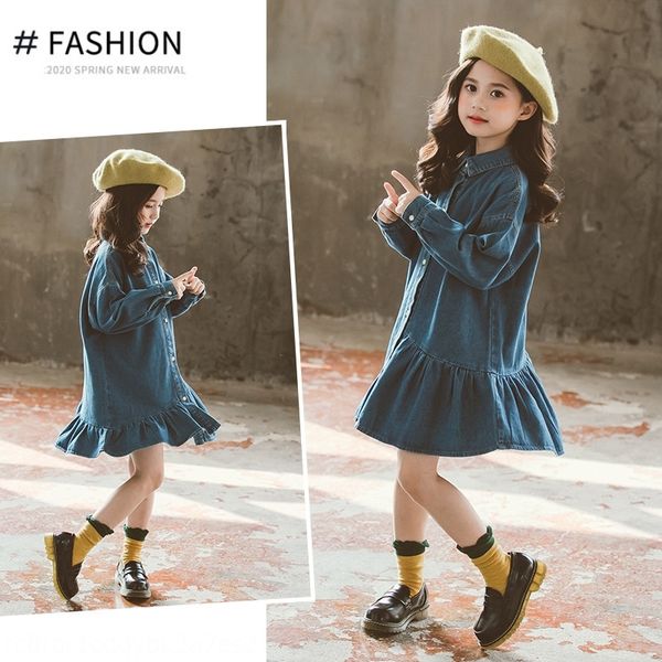 

ds8bl girl's dress spring and autumn long and ruffled princess princess denim loose denim children's 2020 new medium sleeve large, Black;gray