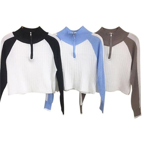 

pullover women 2021 fashion zipper turtleneck knitted sweater casual ribbed knit winter woman sweaters pullovers knitwear, White;black