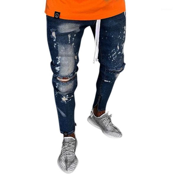 

summer men's pants causal cotton pencil pants zipper slim fit shredded button denim long jeans trousers plus size 5101, Blue