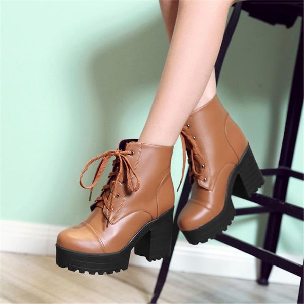 

boots brand square high heeled shoelaces platform classic ankle booties big size 43 stylish winter shoes women, Black