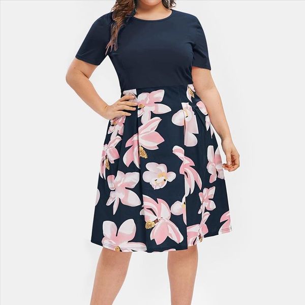 

plus size 5xl women flower print plus size midi a line dress mini dress shirt dress summer elegant vestidos, Black;gray