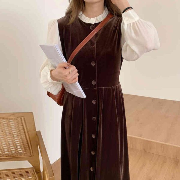 

Chic Gentle Dress Woman Spring Stand-up Collar Lace Puff Sleeves Stitching Velvet Single-breast Long Pleated Dress, Black;gray