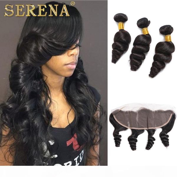 

ear to ear lace frontal closure with 3 bundles brazilian loose wave curly virgin peruvian indian malaysian wavy human hair weaves closures, Black;brown