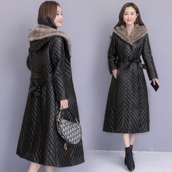 

skin down new haining leather leather female 2021 winter hats long coat coat of cultivate morality, Black