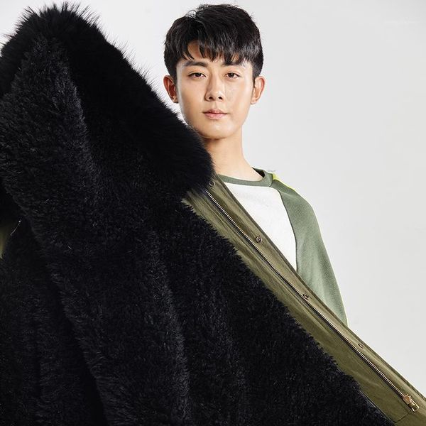 

ptslan 2019 men genuine raccoon fur collar parka faux wool liner new fashion windbreaker clothes jacket coat1, Black