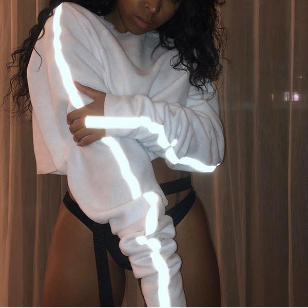 

casual oversized hoodies reflective jumper sweatshirt fashion female white cropped autumn ladies loose pullover plus size, Black